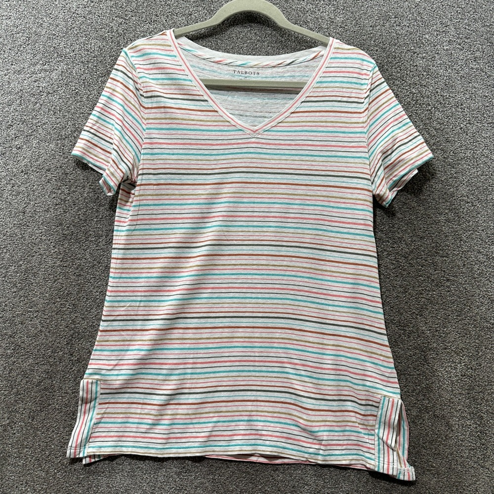 Talbots T-Shirt Top Womens Medium Linen Cotton Striped V Neck Short Sleeve Tee